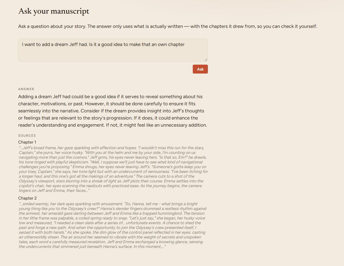 Ask Manuscript discussing whether a dream should become its own chapter