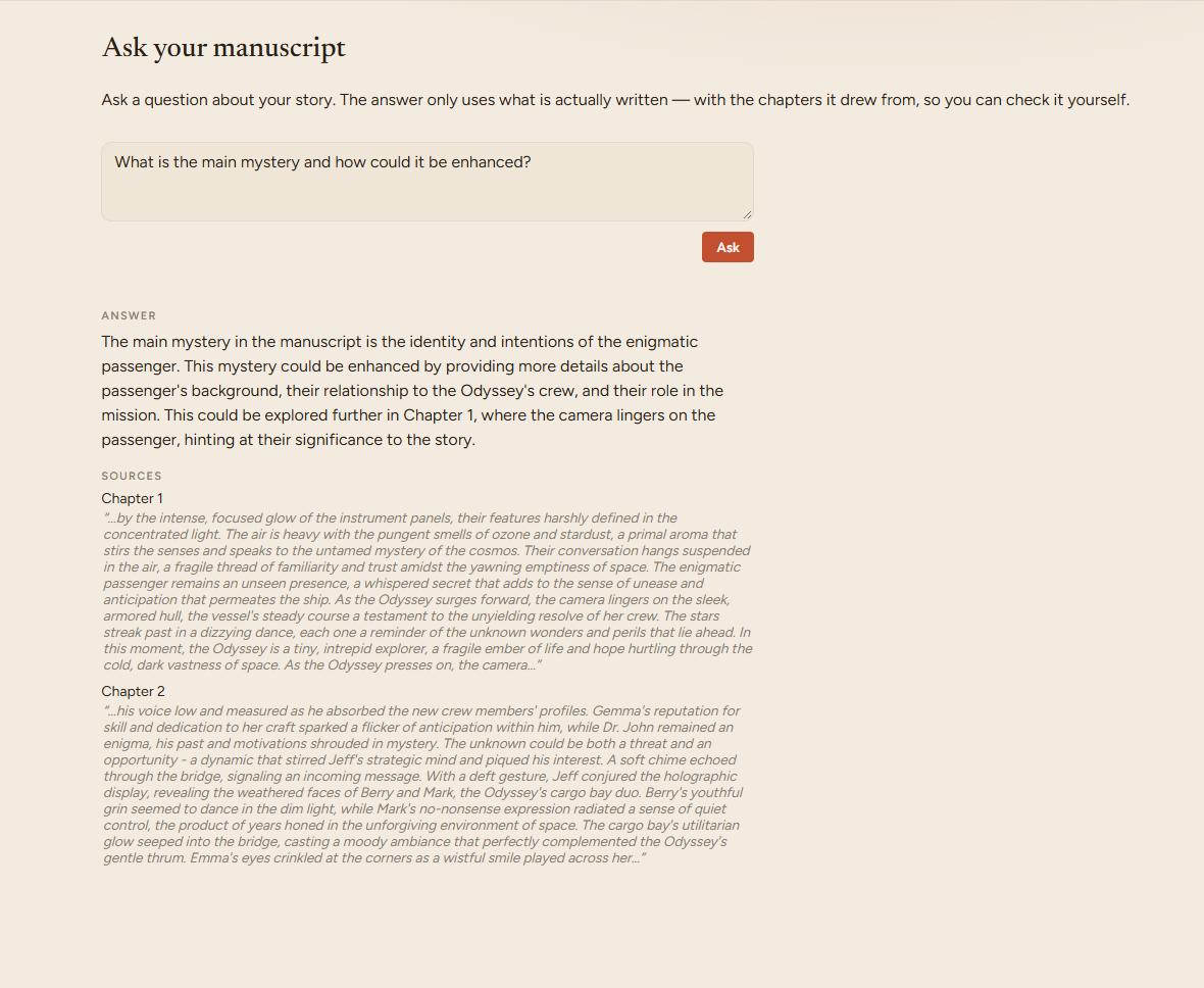 Ask Manuscript analyzing the main mystery with chapter sources