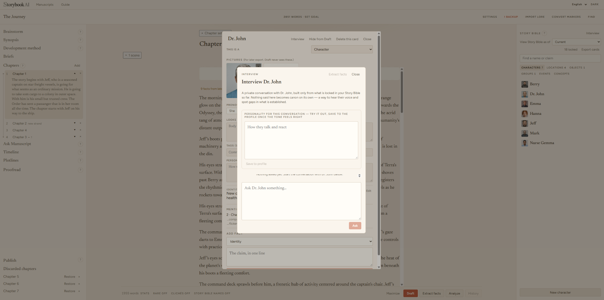 StoryBook AI character interview, used to explore a character without automatically changing canon