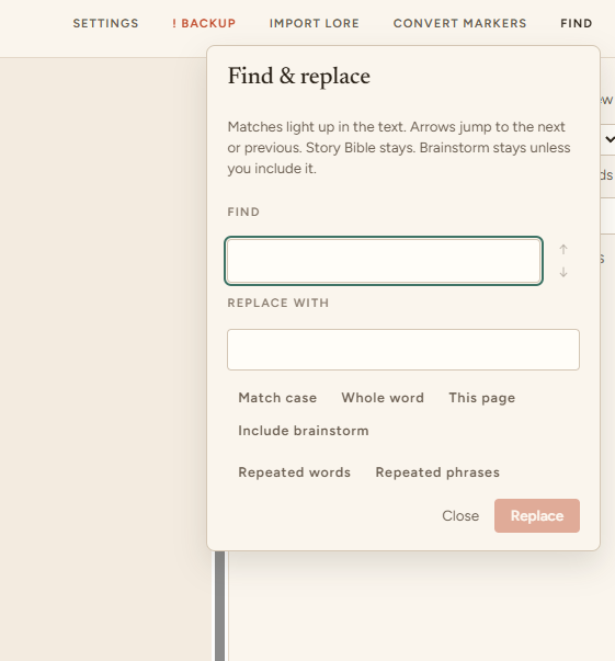 StoryBook Find and Replace with repeated words and repeated phrases shortcuts