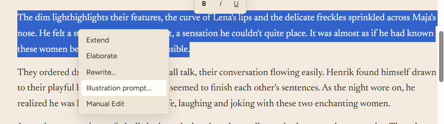 StoryBook editor with Illustration prompt selected for highlighted prose
