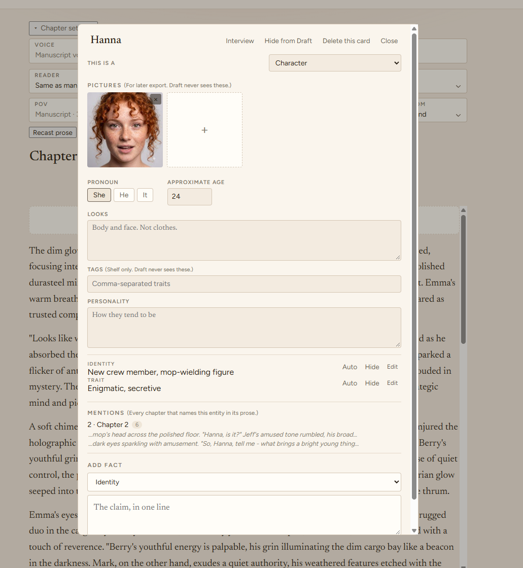 StoryBook AI Story Bible character view with facts and mentions