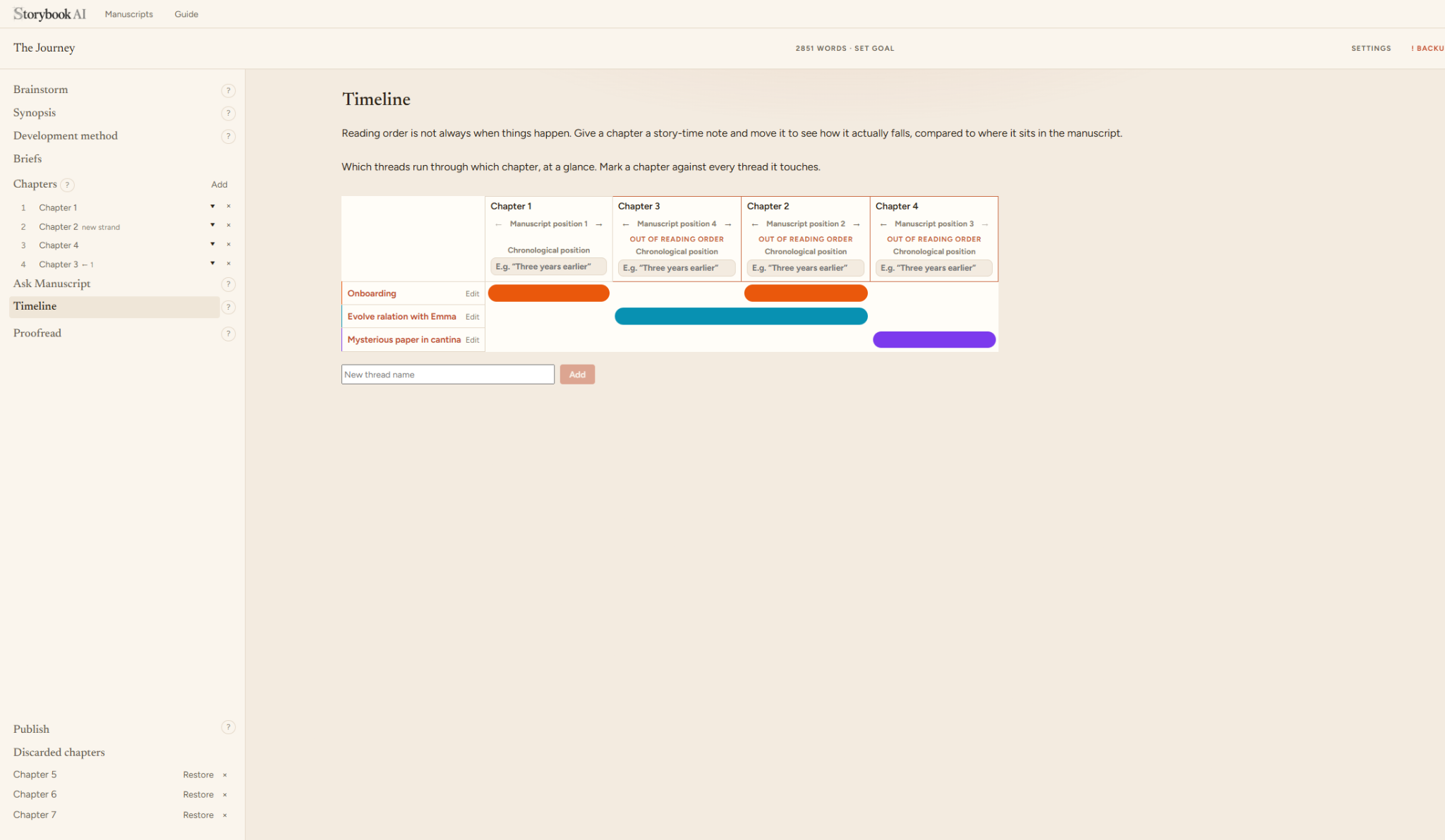 StoryBook AI Timeline showing manuscript order, chronological position and plot threads across chapters